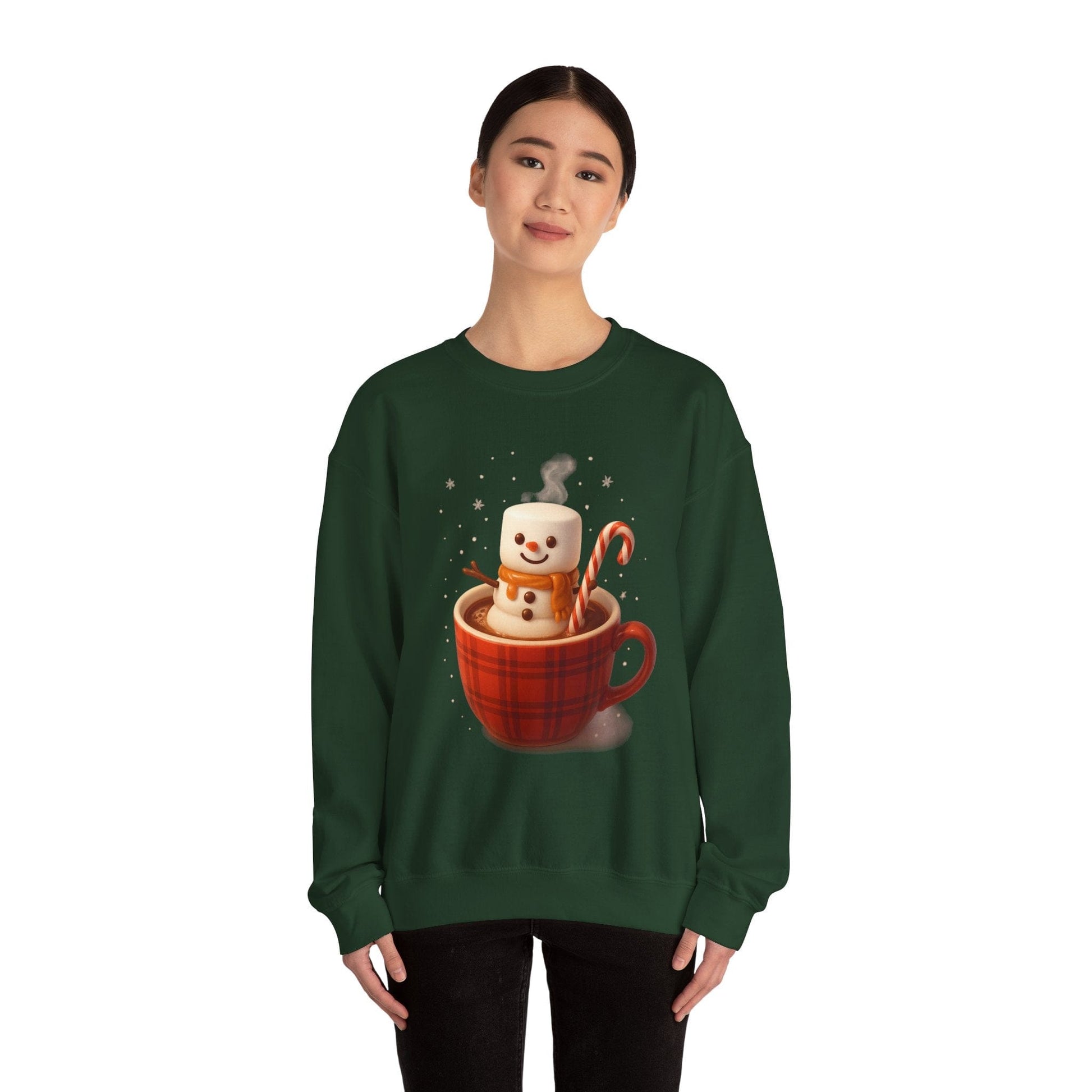 Printify Sweatshirt Cute Marshmallow Snowman in Plaid Mug Holiday Crewneck