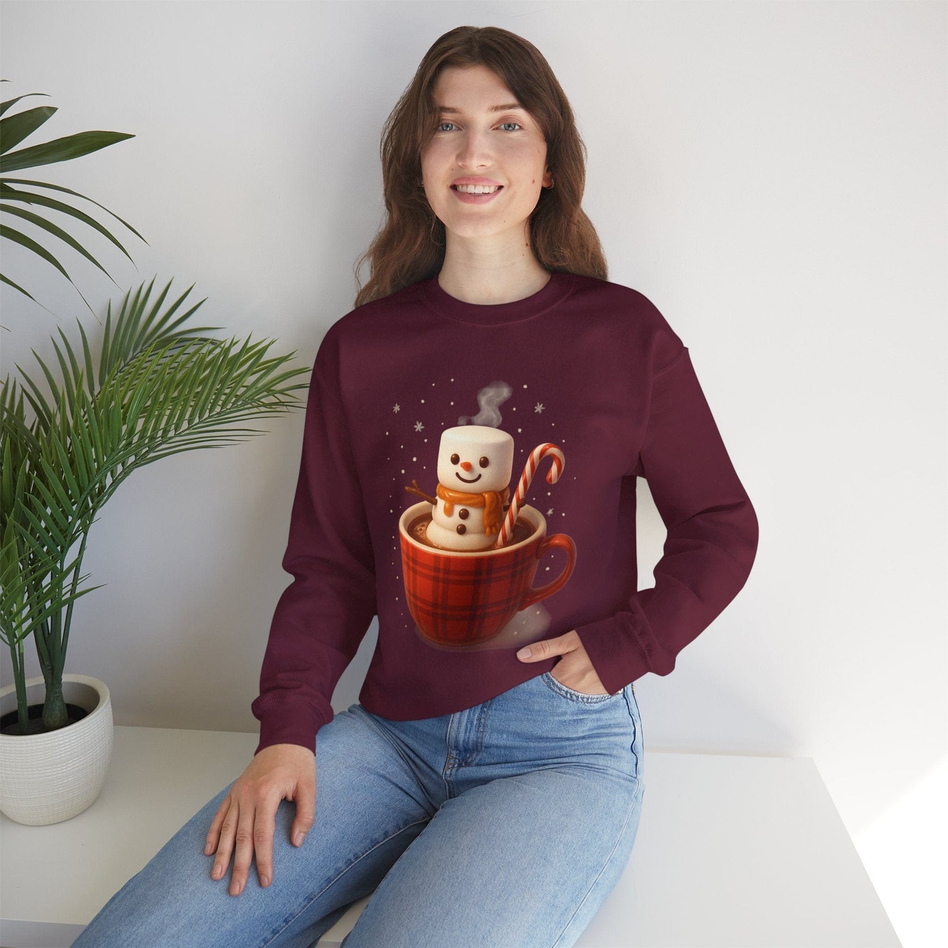 Printify Sweatshirt Cute Marshmallow Snowman in Plaid Mug Holiday Crewneck