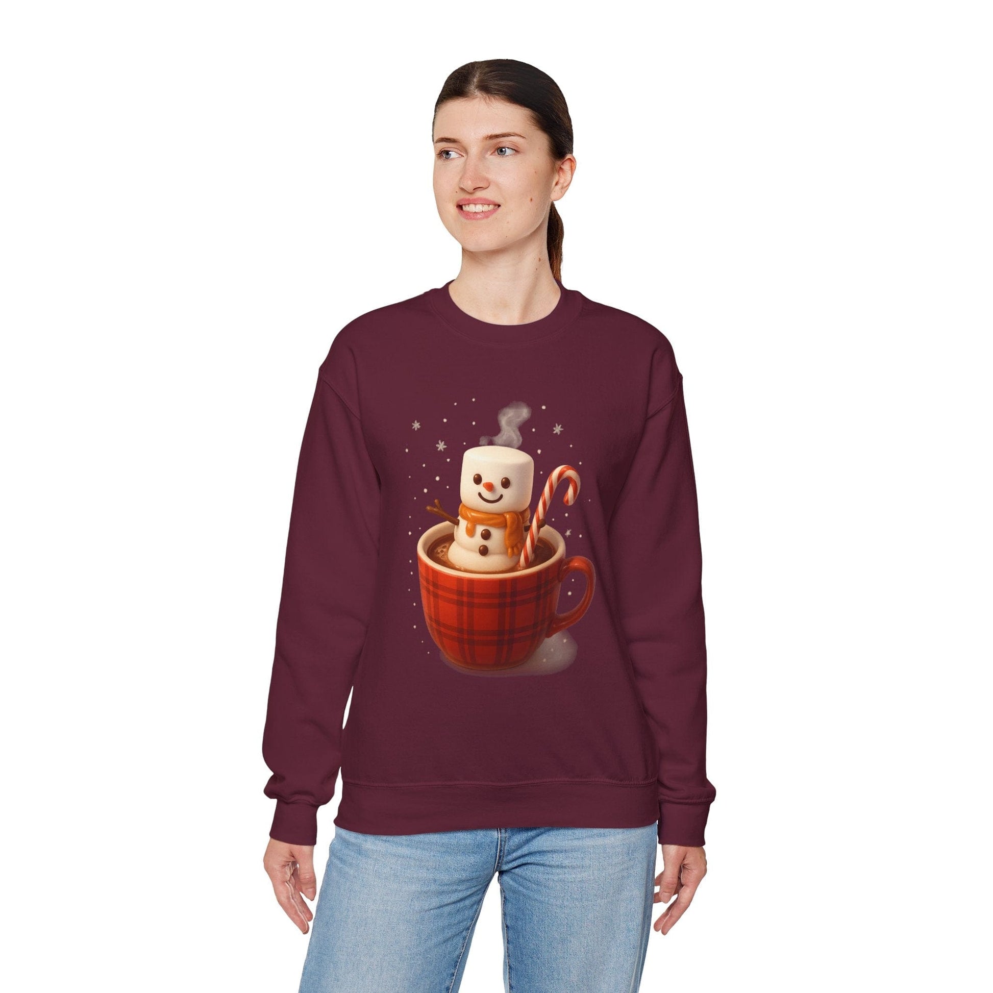 Printify Sweatshirt Cute Marshmallow Snowman in Plaid Mug Holiday Crewneck