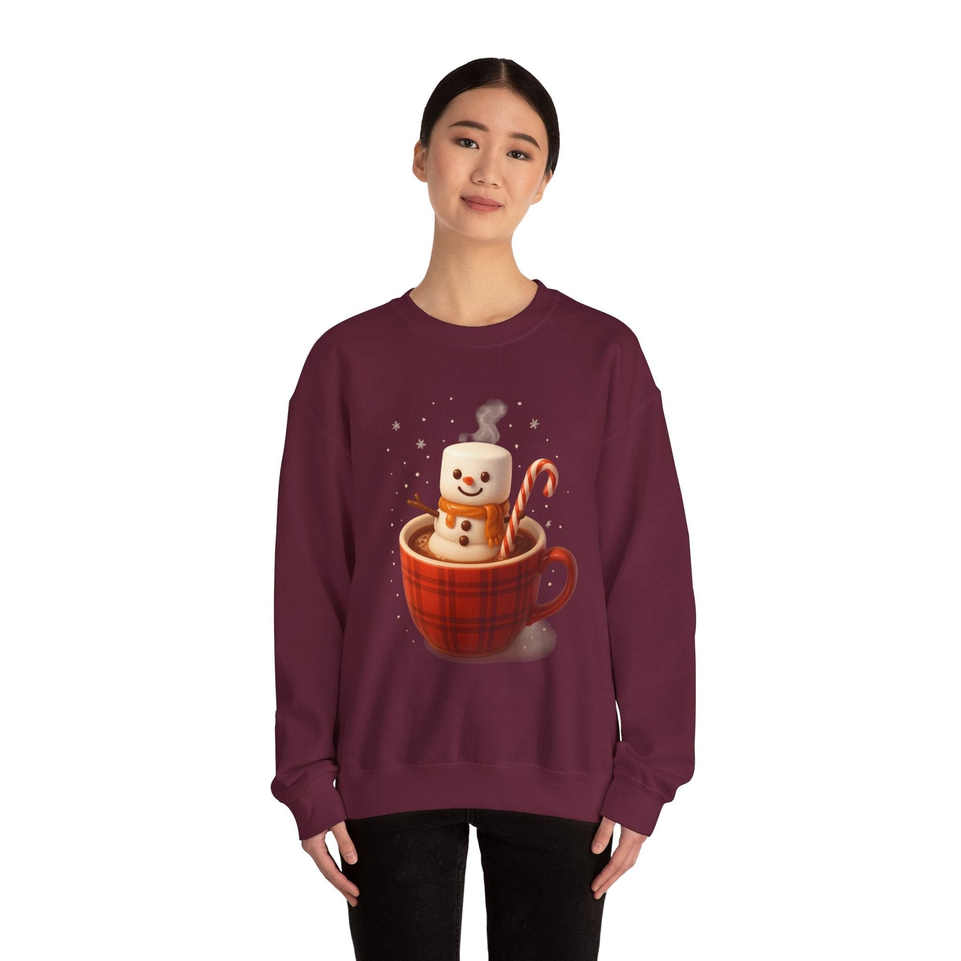 Printify Sweatshirt Cute Marshmallow Snowman in Plaid Mug Holiday Crewneck
