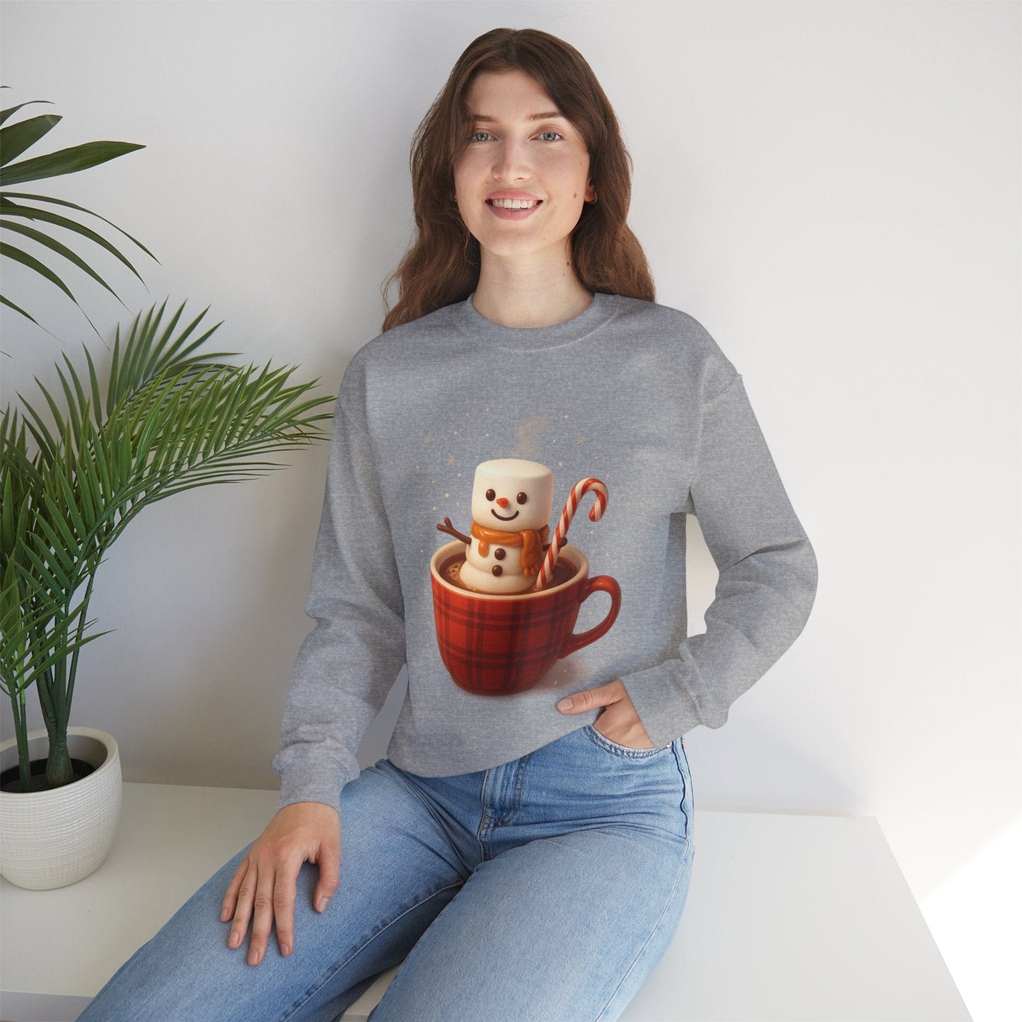 Printify Sweatshirt Cute Marshmallow Snowman in Plaid Mug Holiday Crewneck