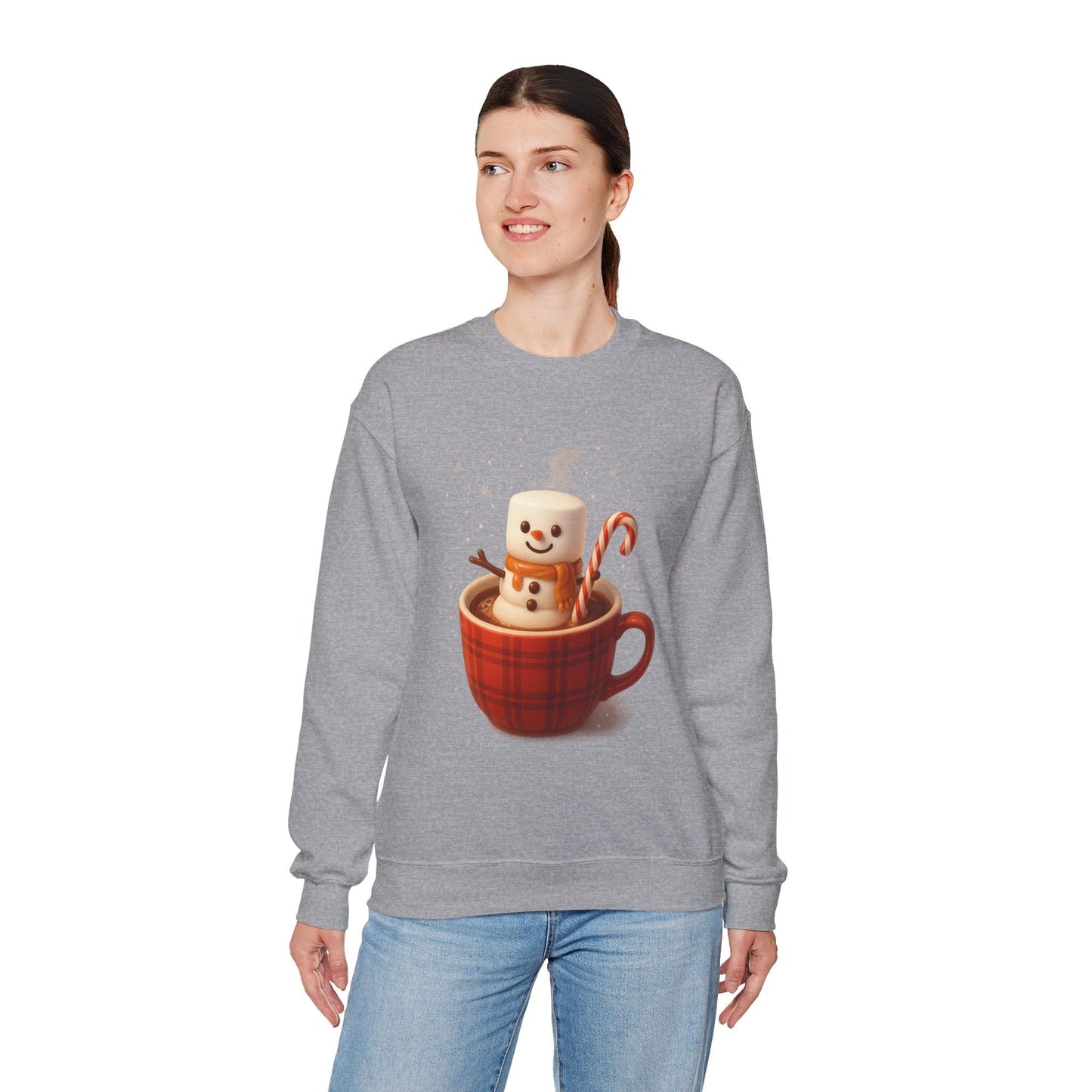 Printify Sweatshirt Cute Marshmallow Snowman in Plaid Mug Holiday Crewneck