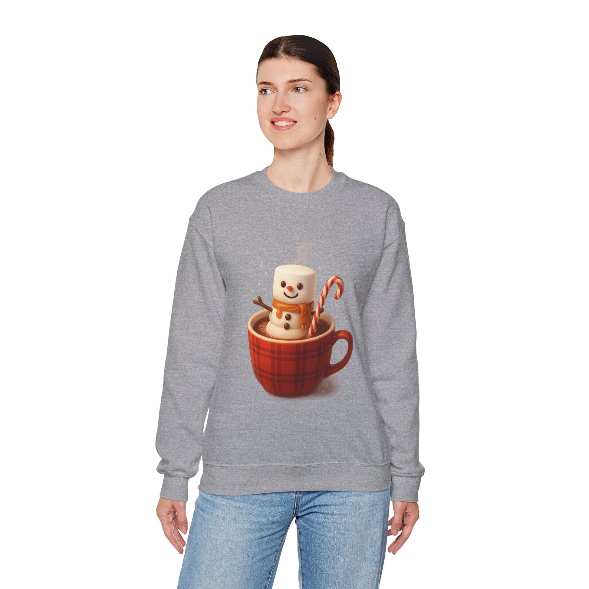 Printify Sweatshirt Cute Marshmallow Snowman in Plaid Mug Holiday Crewneck