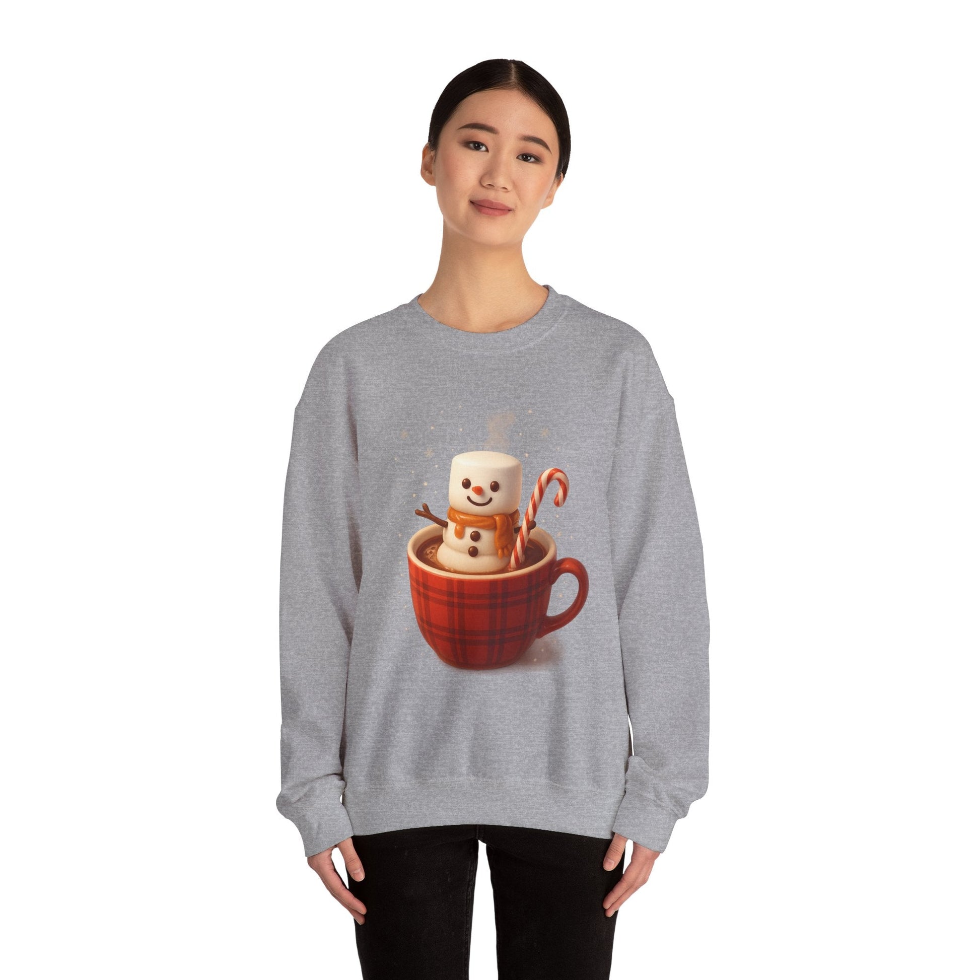 Printify Sweatshirt Cute Marshmallow Snowman in Plaid Mug Holiday Crewneck
