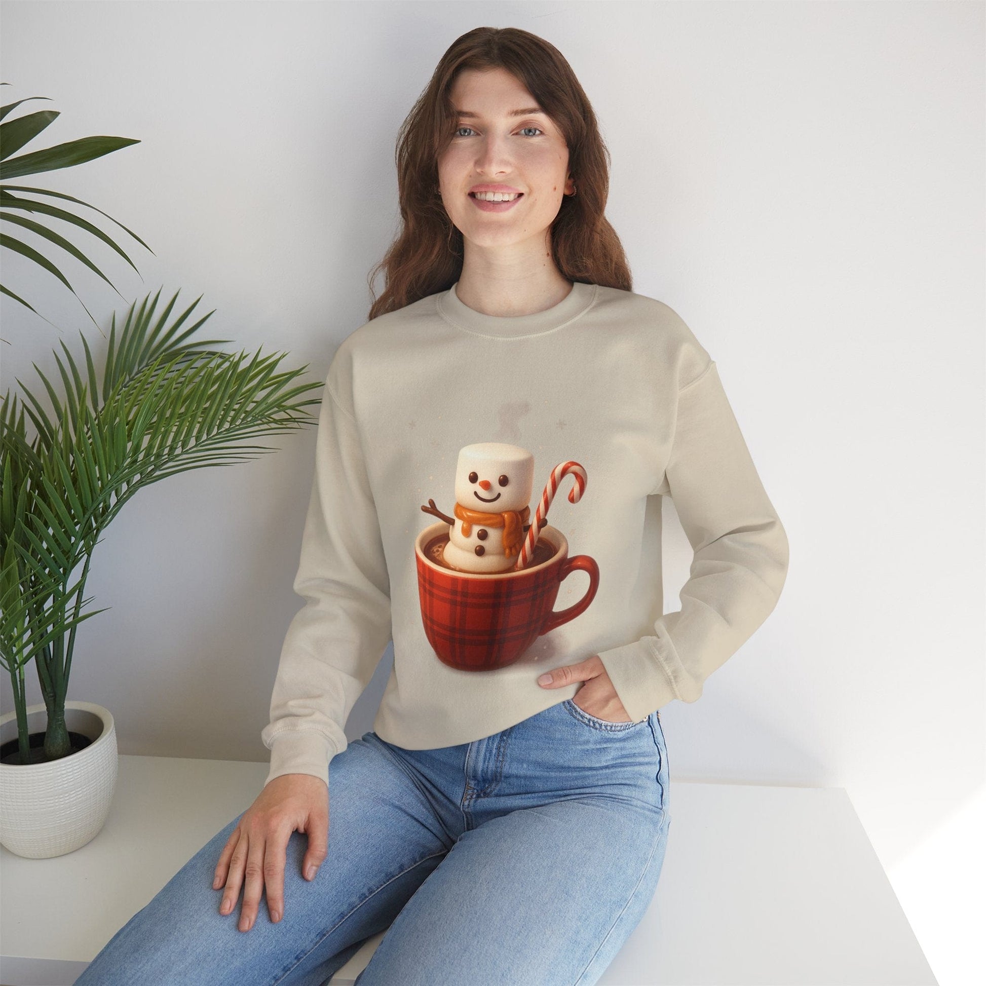 Printify Sweatshirt Cute Marshmallow Snowman in Plaid Mug Holiday Crewneck