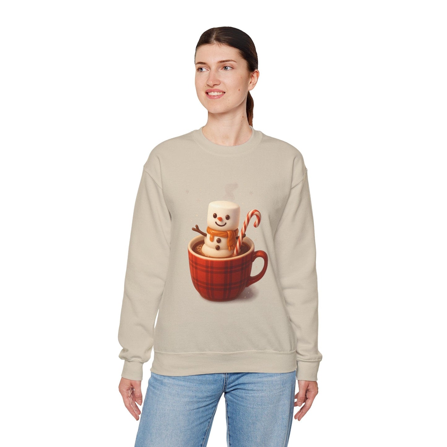 Printify Sweatshirt Cute Marshmallow Snowman in Plaid Mug Holiday Crewneck