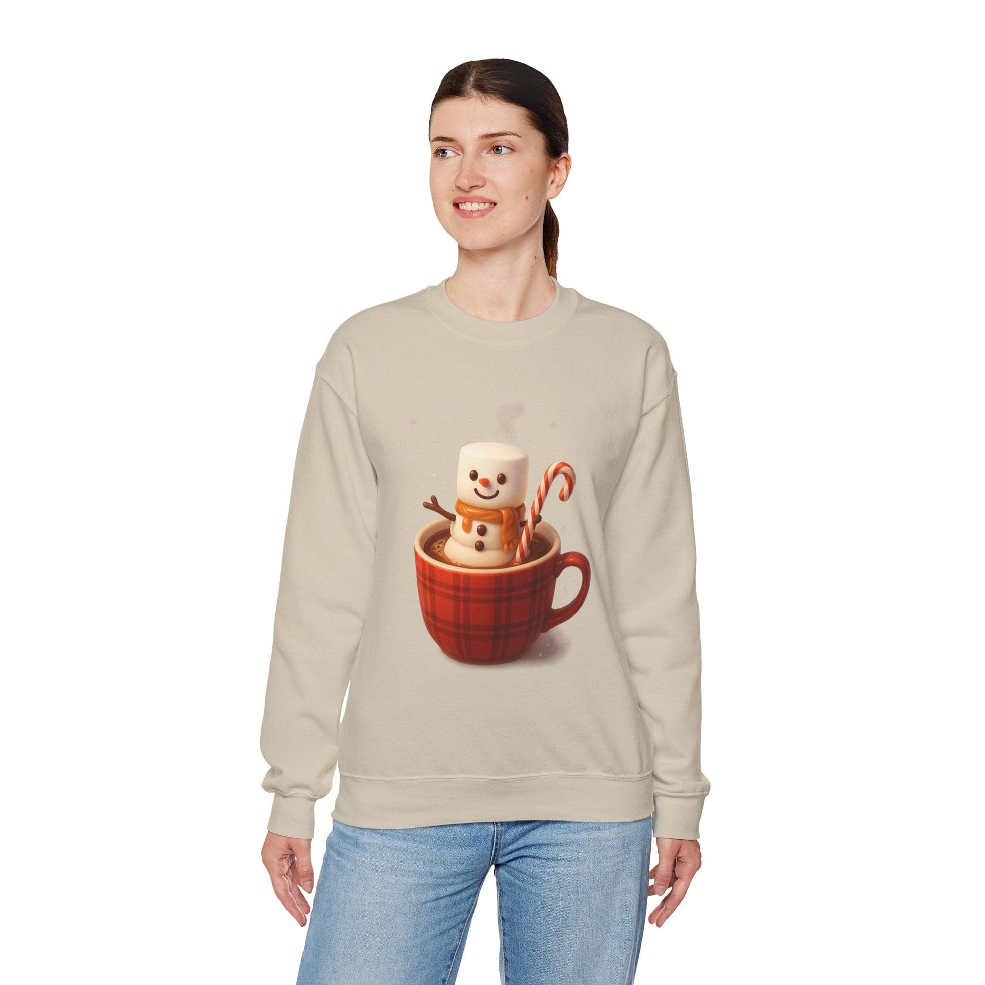 Printify Sweatshirt Cute Marshmallow Snowman in Plaid Mug Holiday Crewneck