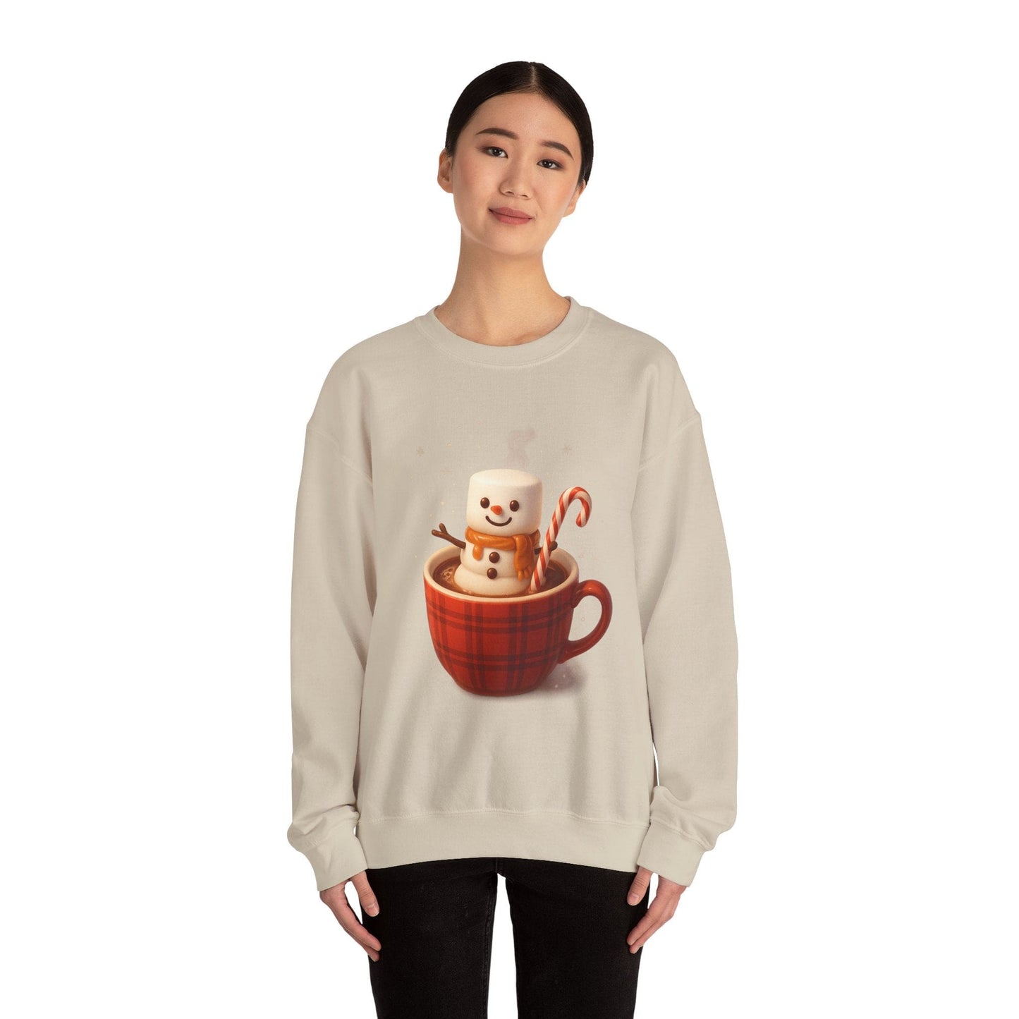 Printify Sweatshirt Cute Marshmallow Snowman in Plaid Mug Holiday Crewneck