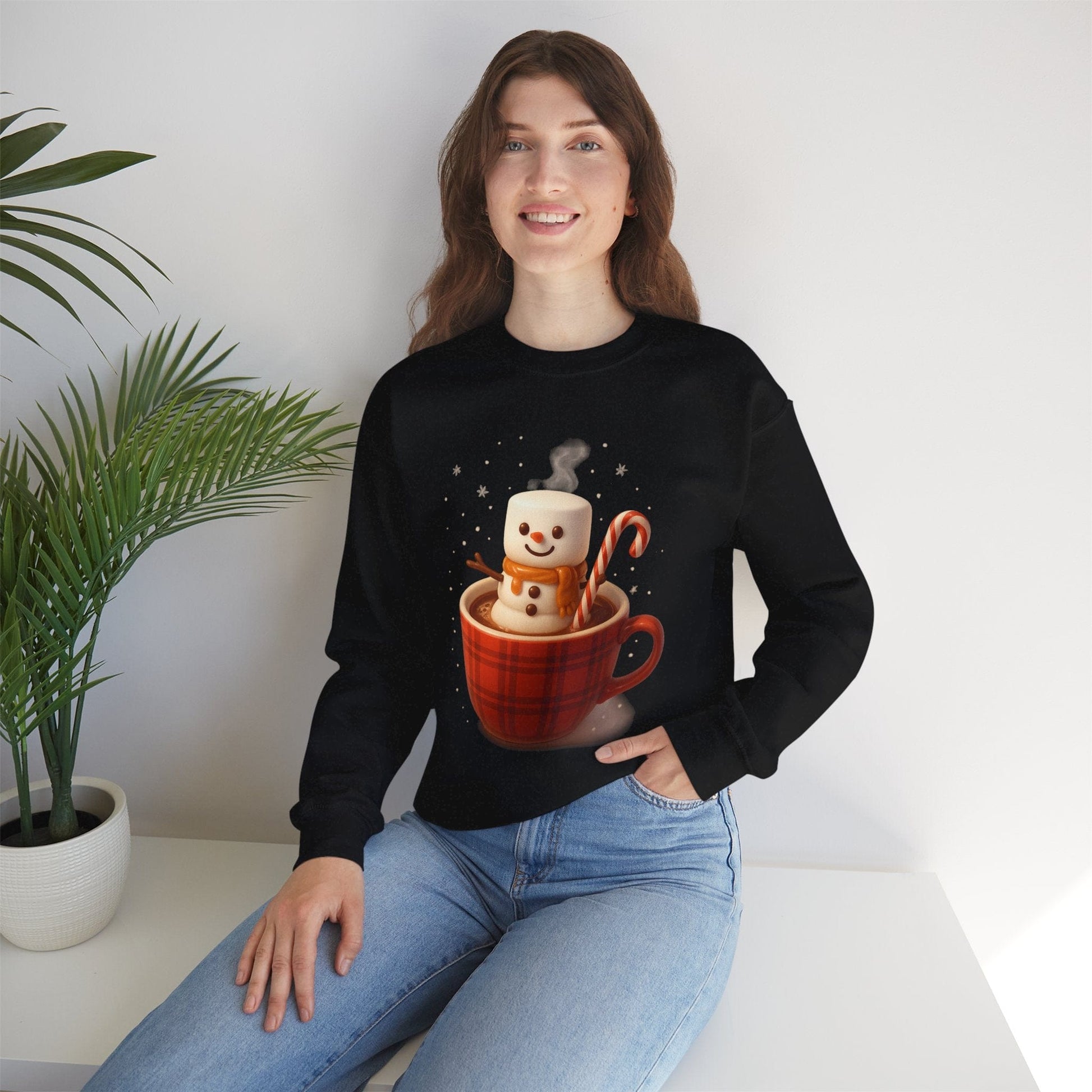Printify Sweatshirt Cute Marshmallow Snowman in Plaid Mug Holiday Crewneck