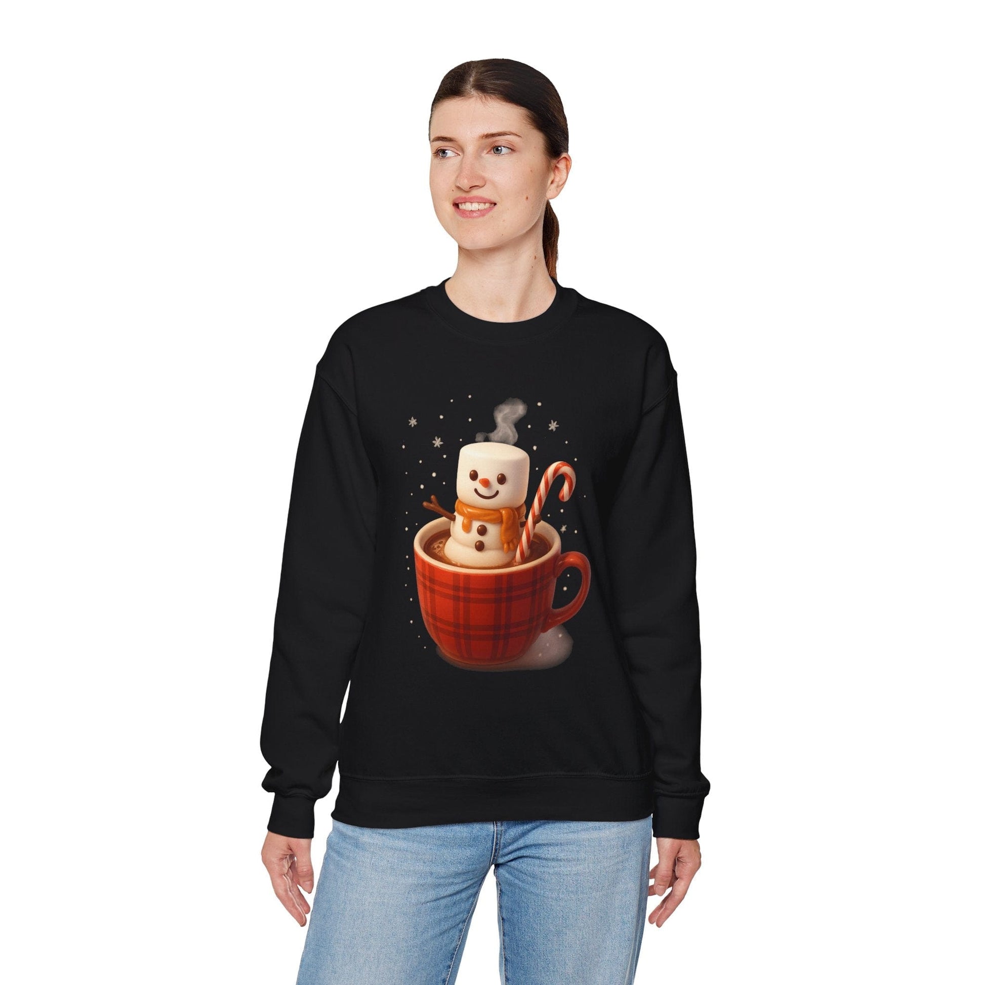 Printify Sweatshirt Cute Marshmallow Snowman in Plaid Mug Holiday Crewneck