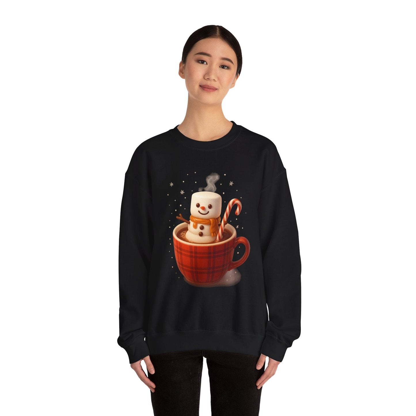 Printify Sweatshirt Cute Marshmallow Snowman in Plaid Mug Holiday Crewneck