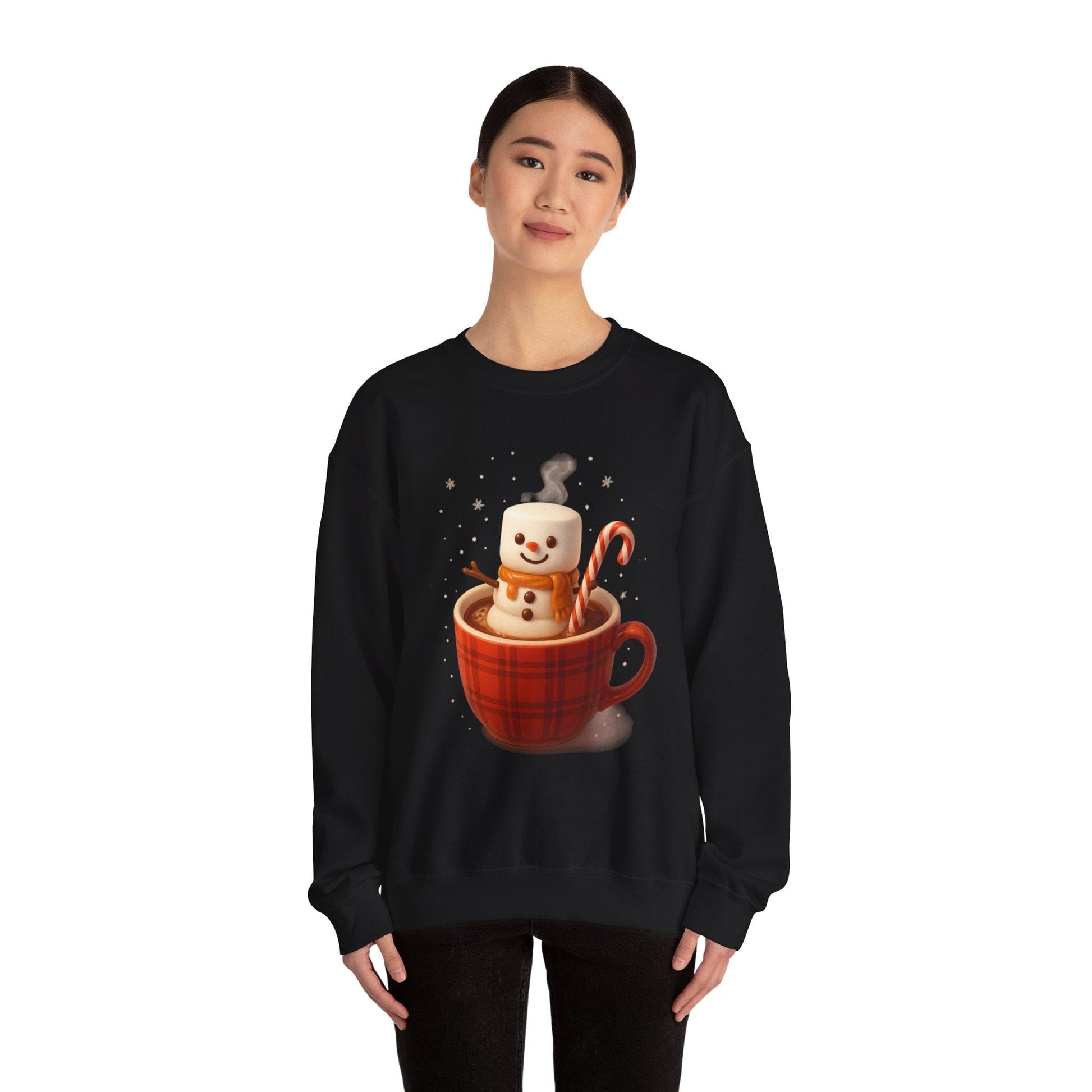 Printify Sweatshirt Cute Marshmallow Snowman in Plaid Mug Holiday Crewneck