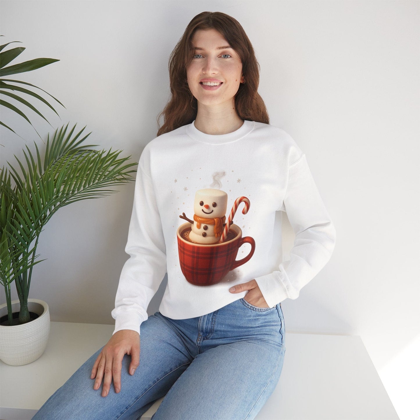 Printify Sweatshirt Cute Marshmallow Snowman in Plaid Mug Holiday Crewneck