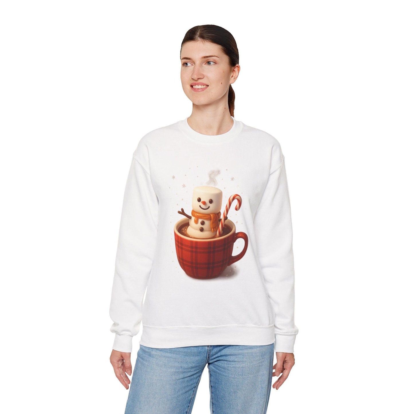 Printify Sweatshirt Cute Marshmallow Snowman in Plaid Mug Holiday Crewneck