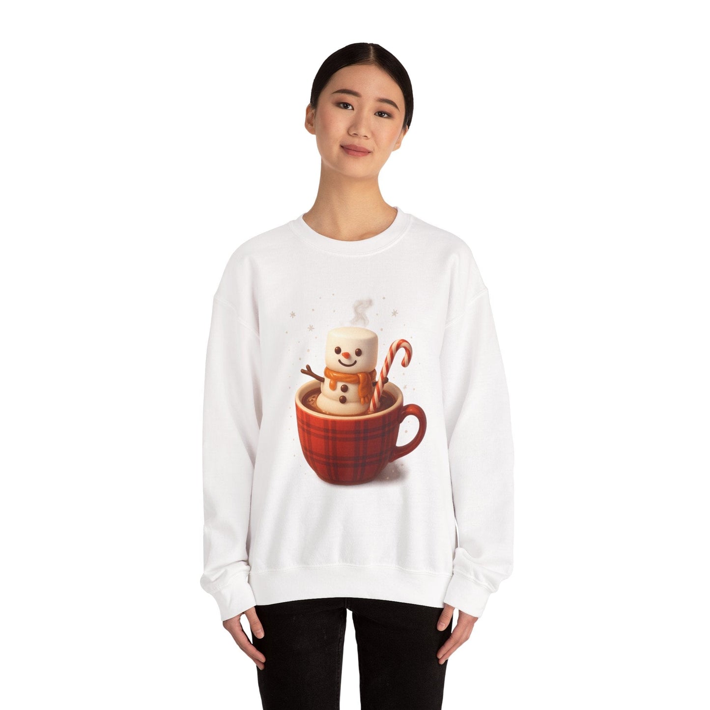 Printify Sweatshirt Cute Marshmallow Snowman in Plaid Mug Holiday Crewneck