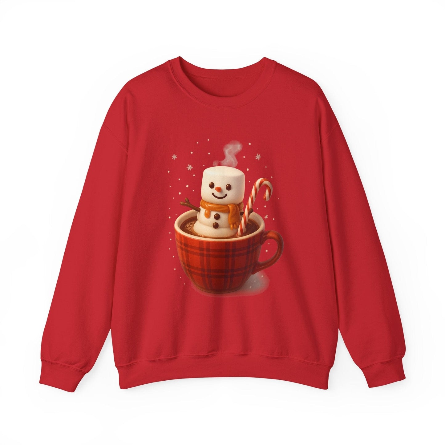 Printify Sweatshirt Red / S Cute Marshmallow Snowman in Plaid Mug Holiday Crewneck