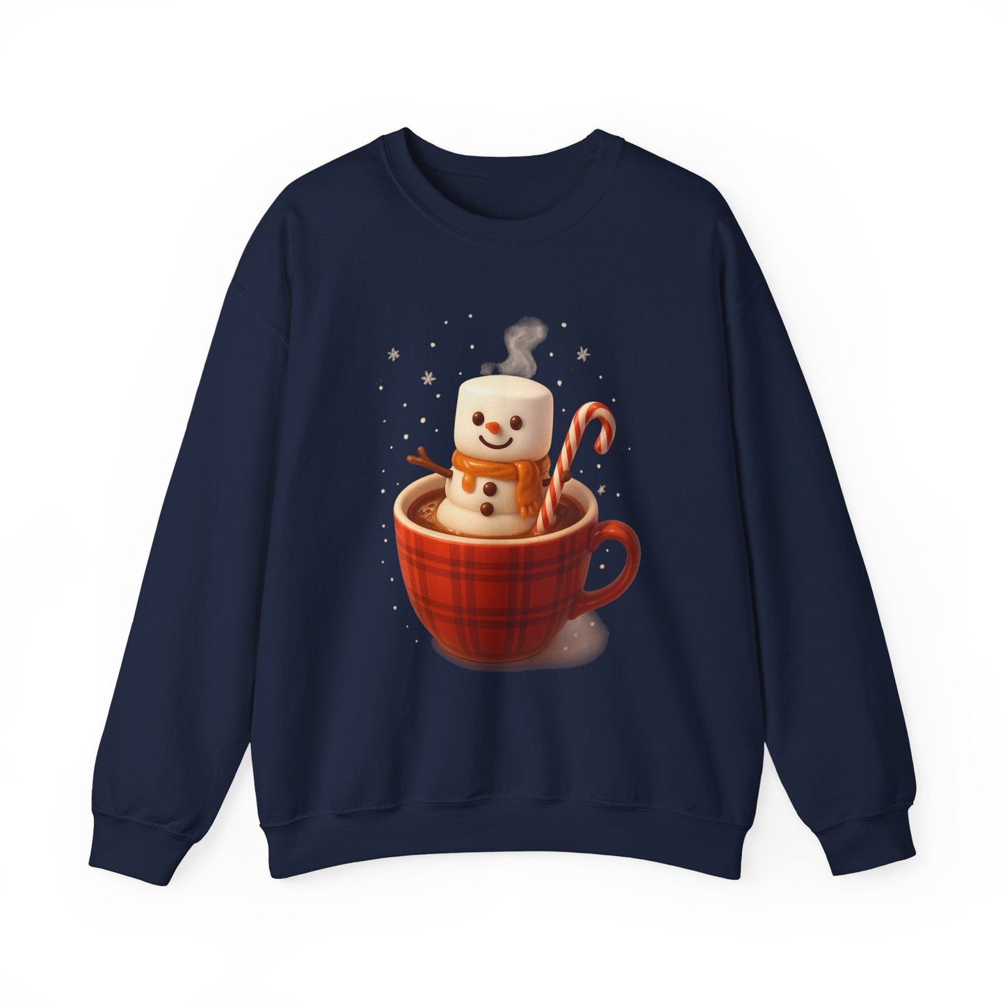 Printify Sweatshirt Navy / S Cute Marshmallow Snowman in Plaid Mug Holiday Crewneck