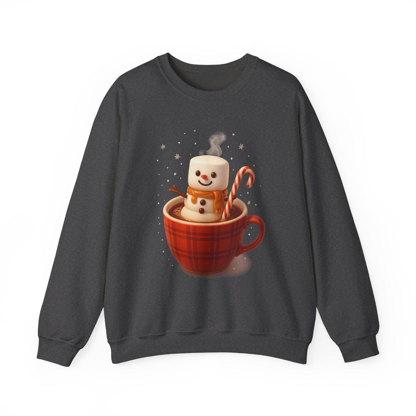 Printify Sweatshirt Dark Heather / S Cute Marshmallow Snowman in Plaid Mug Holiday Crewneck