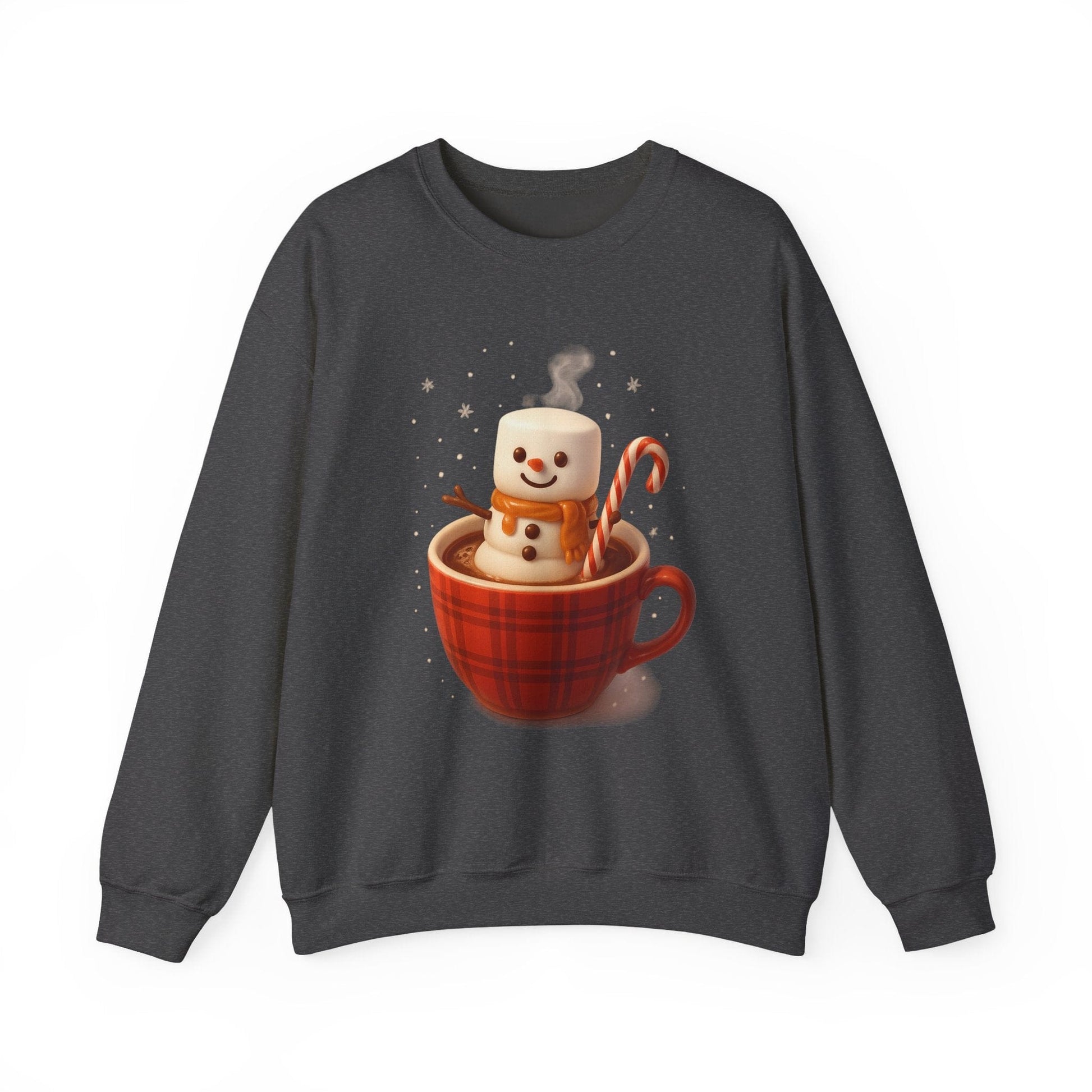 Printify Sweatshirt Dark Heather / S Cute Marshmallow Snowman in Plaid Mug Holiday Crewneck