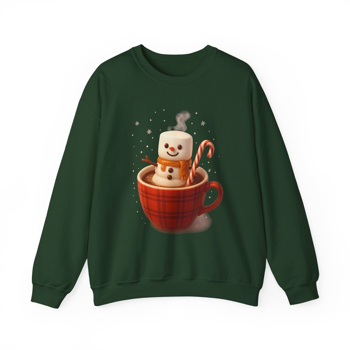 Printify Sweatshirt Forest Green / S Cute Marshmallow Snowman in Plaid Mug Holiday Crewneck