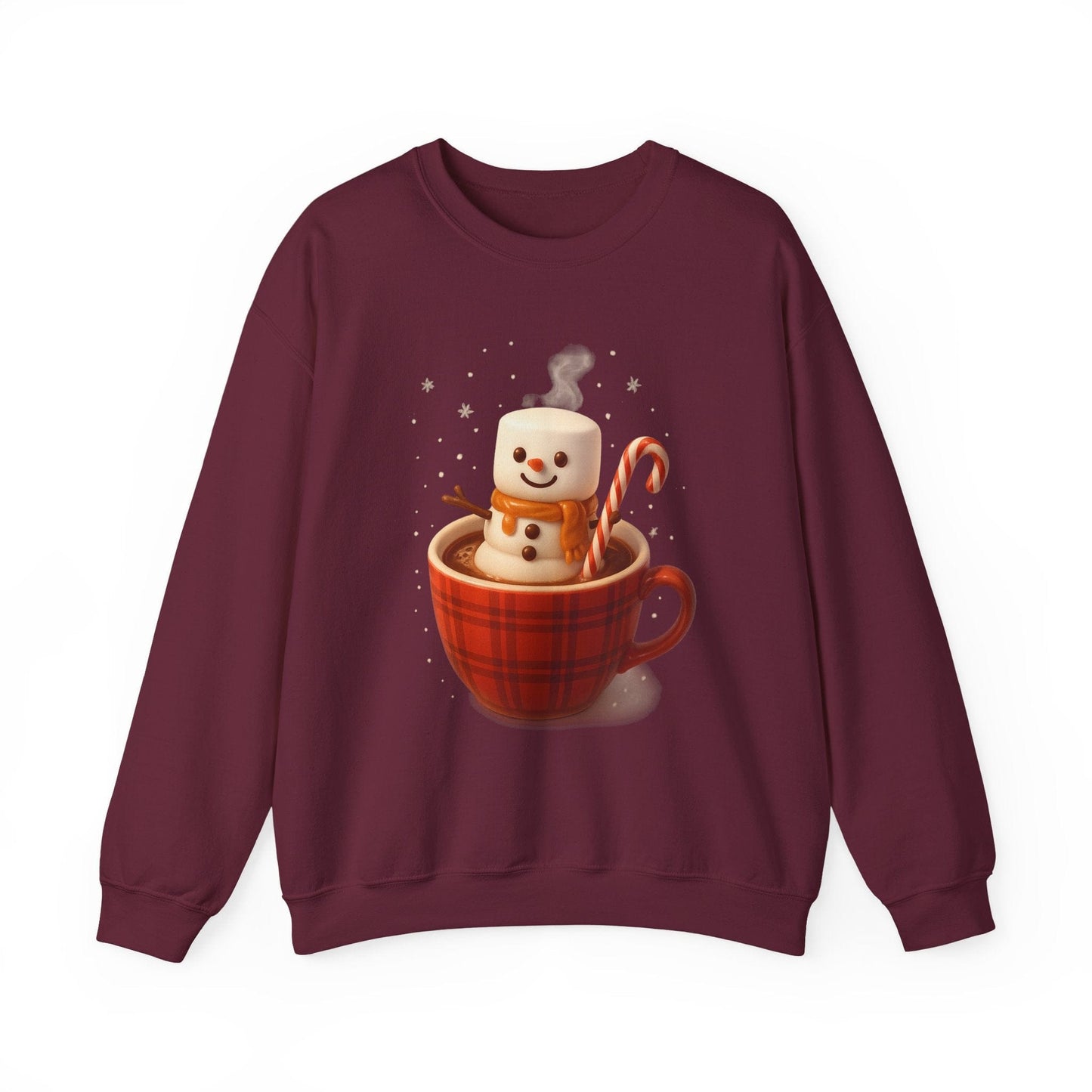 Printify Sweatshirt Maroon / S Cute Marshmallow Snowman in Plaid Mug Holiday Crewneck