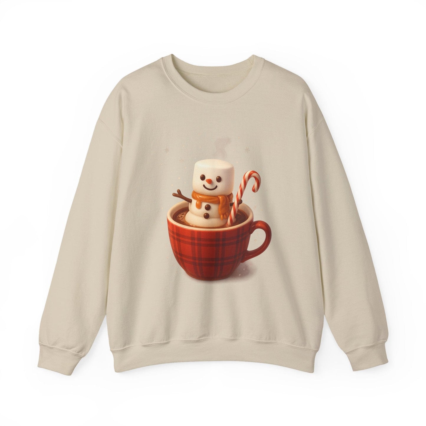 Printify Sweatshirt Sand / S Cute Marshmallow Snowman in Plaid Mug Holiday Crewneck