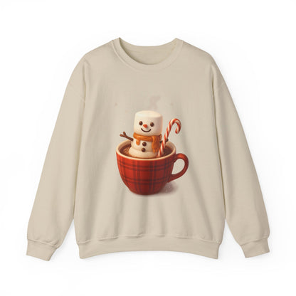 Printify Sweatshirt Sand / S Cute Marshmallow Snowman in Plaid Mug Holiday Crewneck