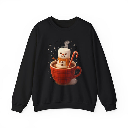 Printify Sweatshirt Black / S Cute Marshmallow Snowman in Plaid Mug Holiday Crewneck