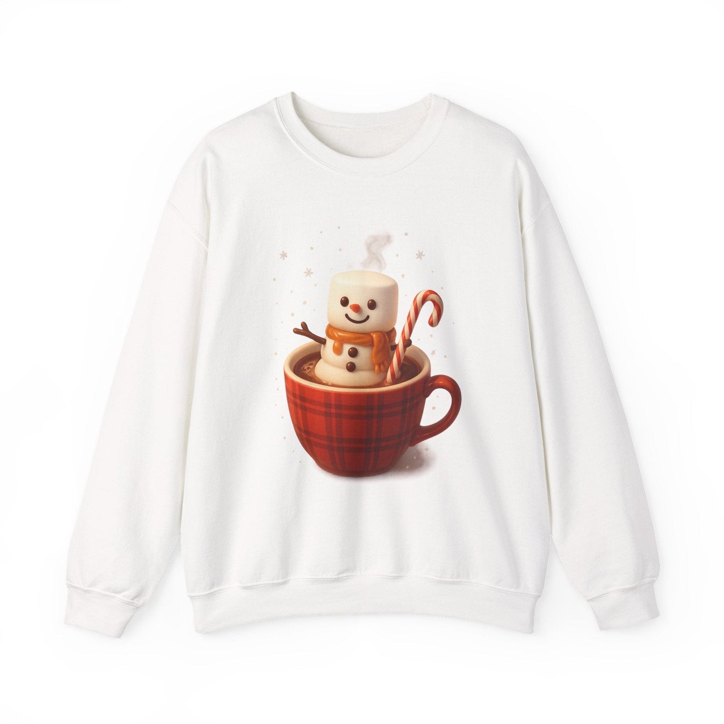 Printify Sweatshirt White / S Cute Marshmallow Snowman in Plaid Mug Holiday Crewneck
