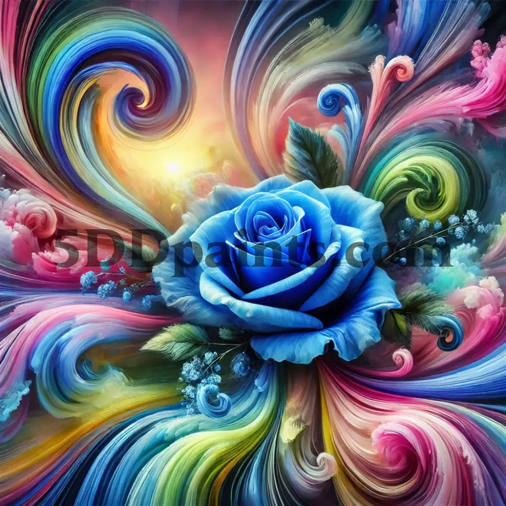 5DDPaints.com arts and crafts kit Dreamy Blue Rose with Colorful Swirls Diamond Painting Kit