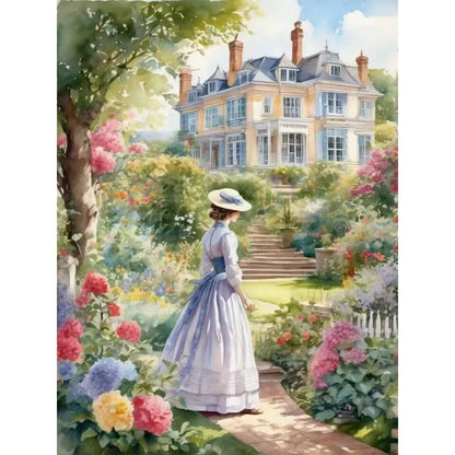 5DDpaints.com arts and crafts kit HUA3480 / 50x65cm round Elegant Stroll in a Victorian Garden Diamond Painting Kit