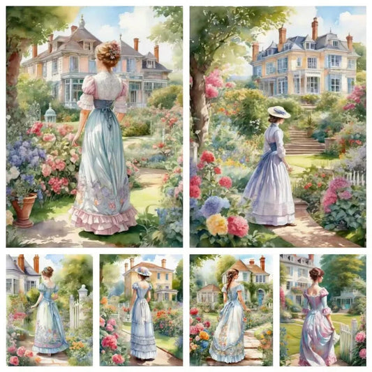 5DDpaints.com arts and crafts kit Elegant Stroll in a Victorian Garden Diamond Painting Kit