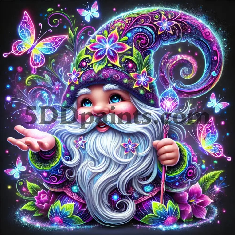 5DDPaints.com arts and crafts kit Enchanting Neon Gnome with Butterflies Diamond Painting Kit