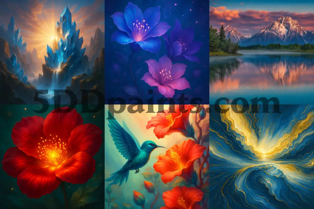 5DDPaints.com Arts & Crafts Fantasy Glow Art Bundle – Crystals, Florals, Landscapes & Cosmic Illustrations (High-Resolution PNGs)