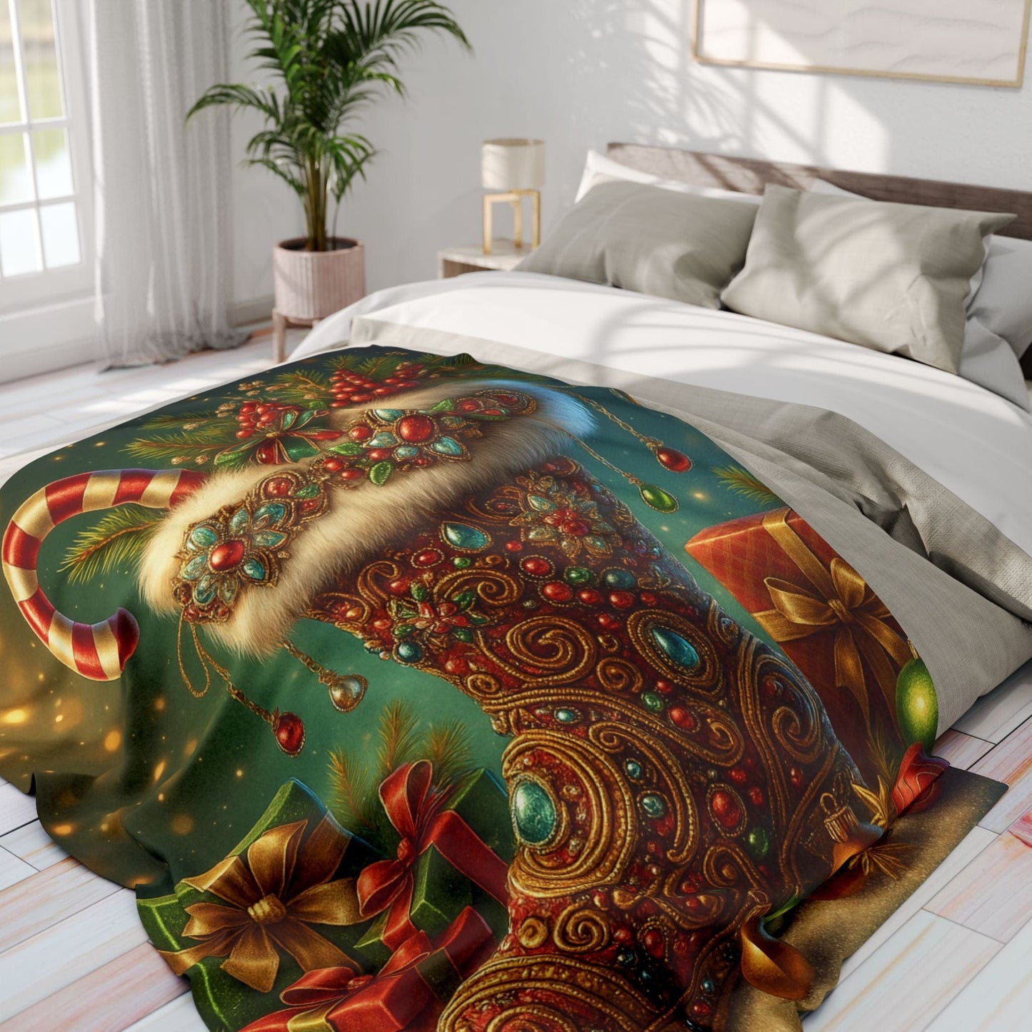 Printify Home Decor Fleece Blanket Santa's Stocking Holiday Cheer