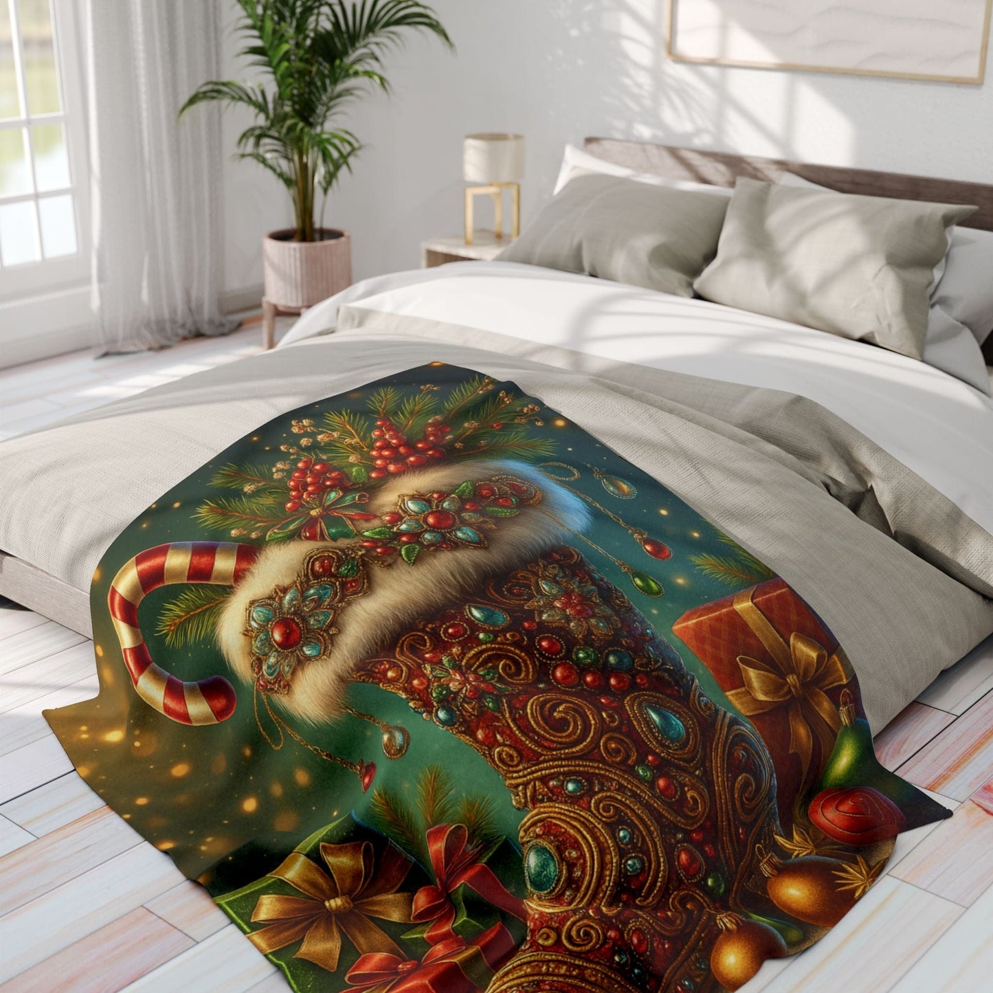 Printify Home Decor Fleece Blanket Santa's Stocking Holiday Cheer