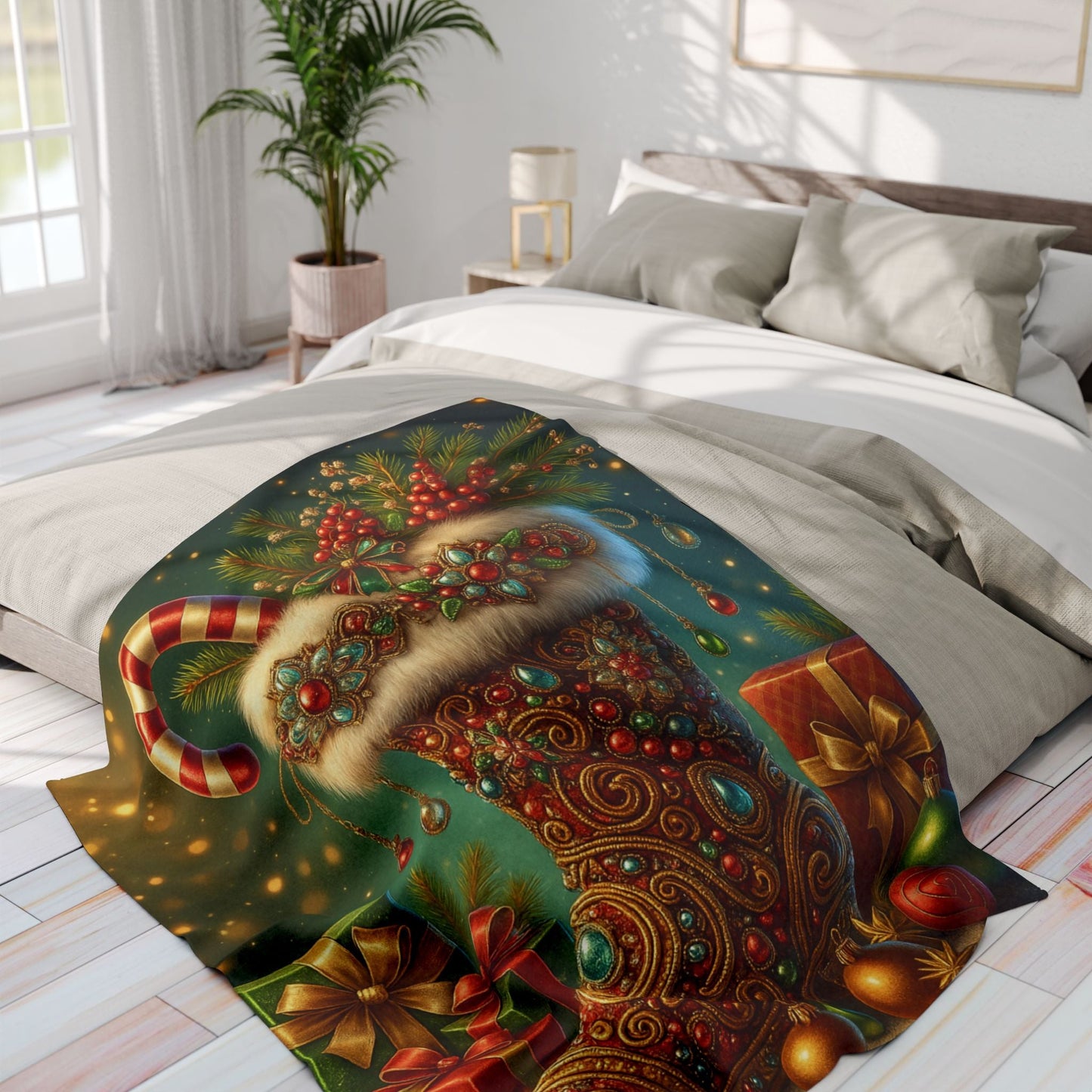 Printify Home Decor Fleece Blanket Santa's Stocking Holiday Cheer