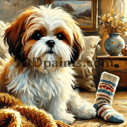 5DDPaints.com arts and crafts kit Fluffy Shih Tzu in Cozy Home Diamond Painting Kit