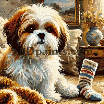 5DDPaints.com arts and crafts kit Fluffy Shih Tzu in Cozy Home Diamond Painting Kit