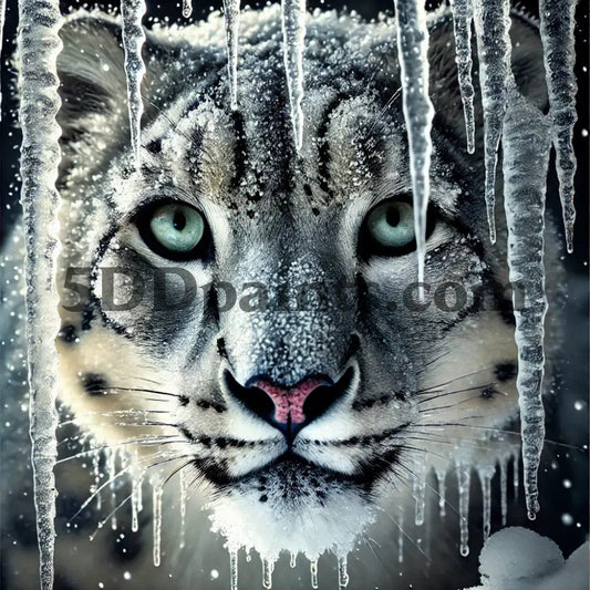 5DDPaints.com arts and crafts kit Frostbound Gaze: The Watchful Snow Leopard - Diamond Painting