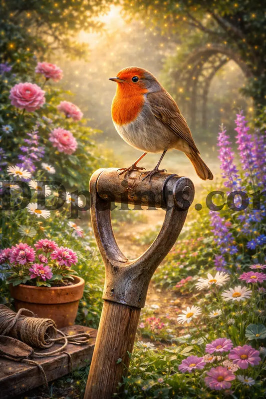 5DDPaints.com home decor Garden Sentinel – Robin Among the Blooms Diamond Painting Kit