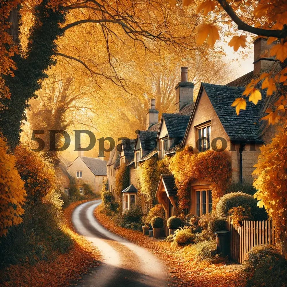 5DDPaints.com arts and crafts kit Golden Autumn Cotswold Lane – 5D Diamond Painting Kit