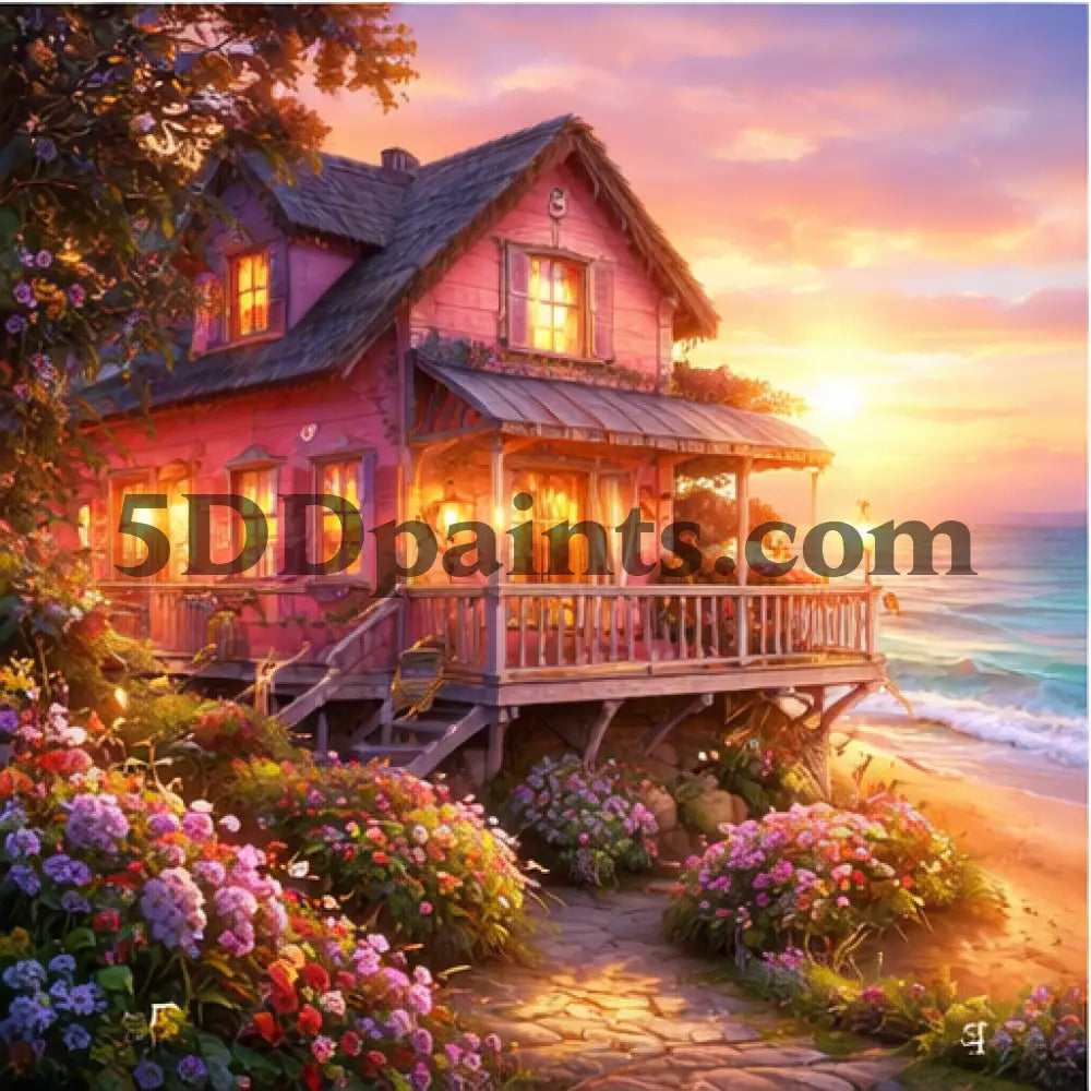 5DDPaints.com Art & Craft Kits Pink Coastal Home / 30x30cm / Square Golden Hour Cottages – Cozy Home Diamond Painting Collection