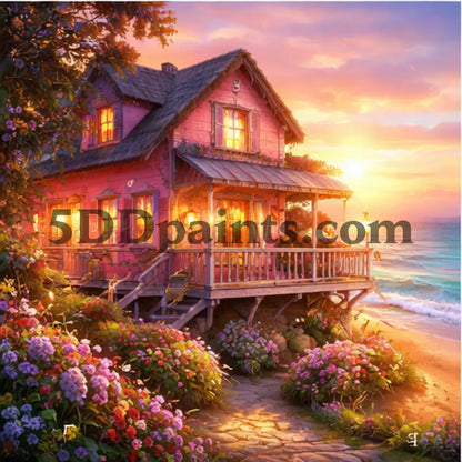 5DDPaints.com Art & Craft Kits Pink Coastal Home / 30x30cm / Square Golden Hour Cottages – Cozy Home Diamond Painting Collection