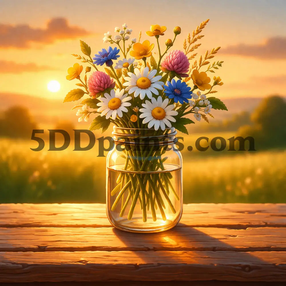 5DDPaints.com arts and crafts kit Golden Meadow Blooms – Mason Jar Wildflower Diamond Painting Kit
