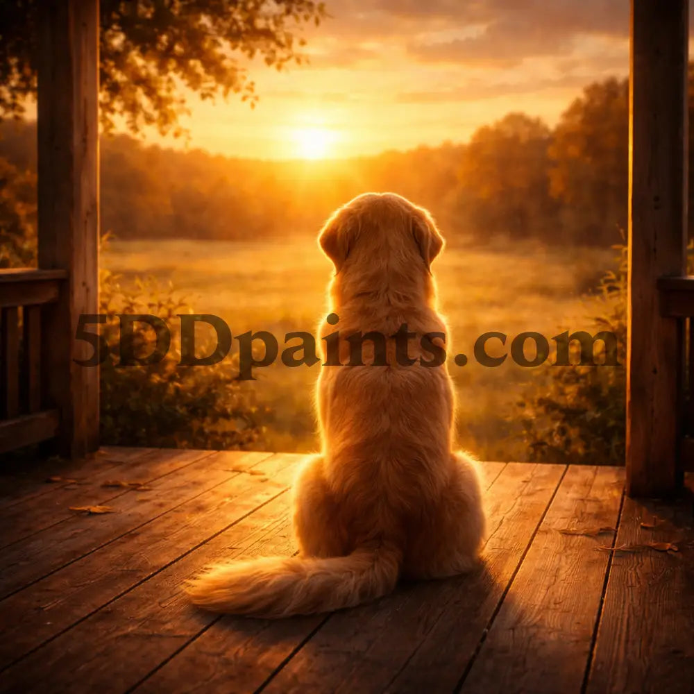 5DDPaints.com arts and crafts kit Golden Quiet Moments – Sunset Dog Diamond Painting Kit