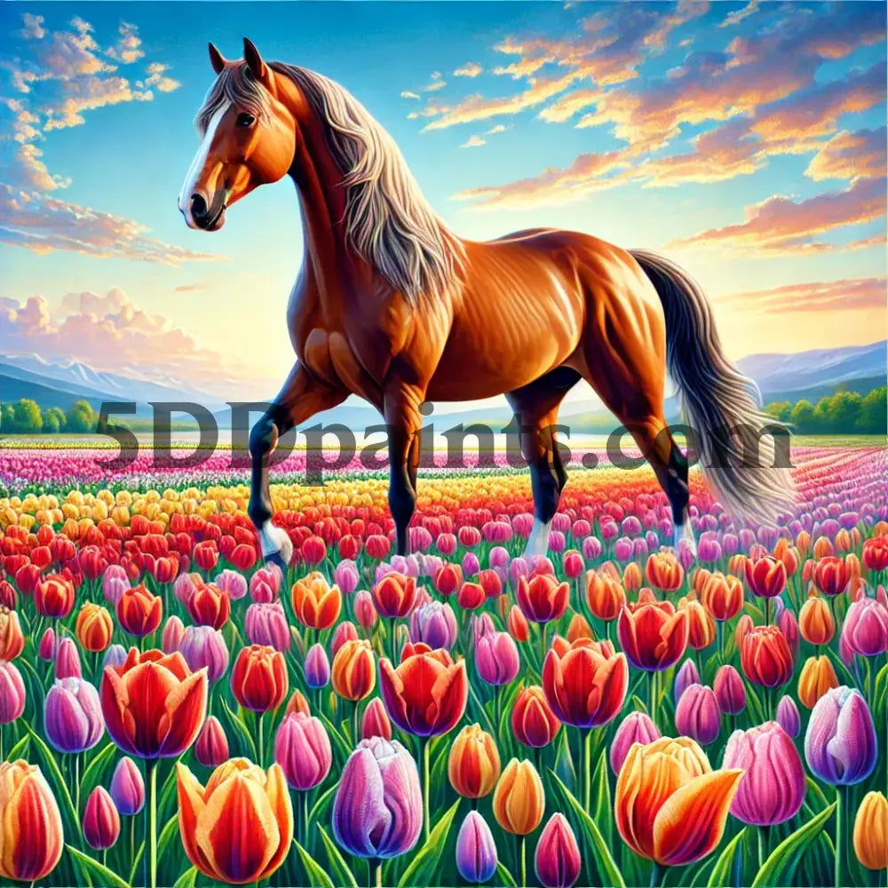 Graceful Horse In Tulip Paradise Diamond Painting Kit Arts And Crafts Kit