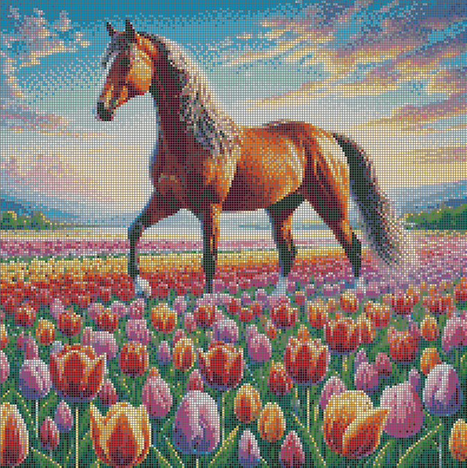 5DDPaints.com arts and crafts kit Graceful Horse in Tulip Paradise Diamond Painting Kit