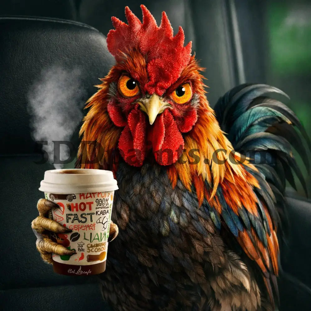 5DDPaints.com arts and crafts kit Grumpy Morning Rooster with Coffee Diamond Painting Kit