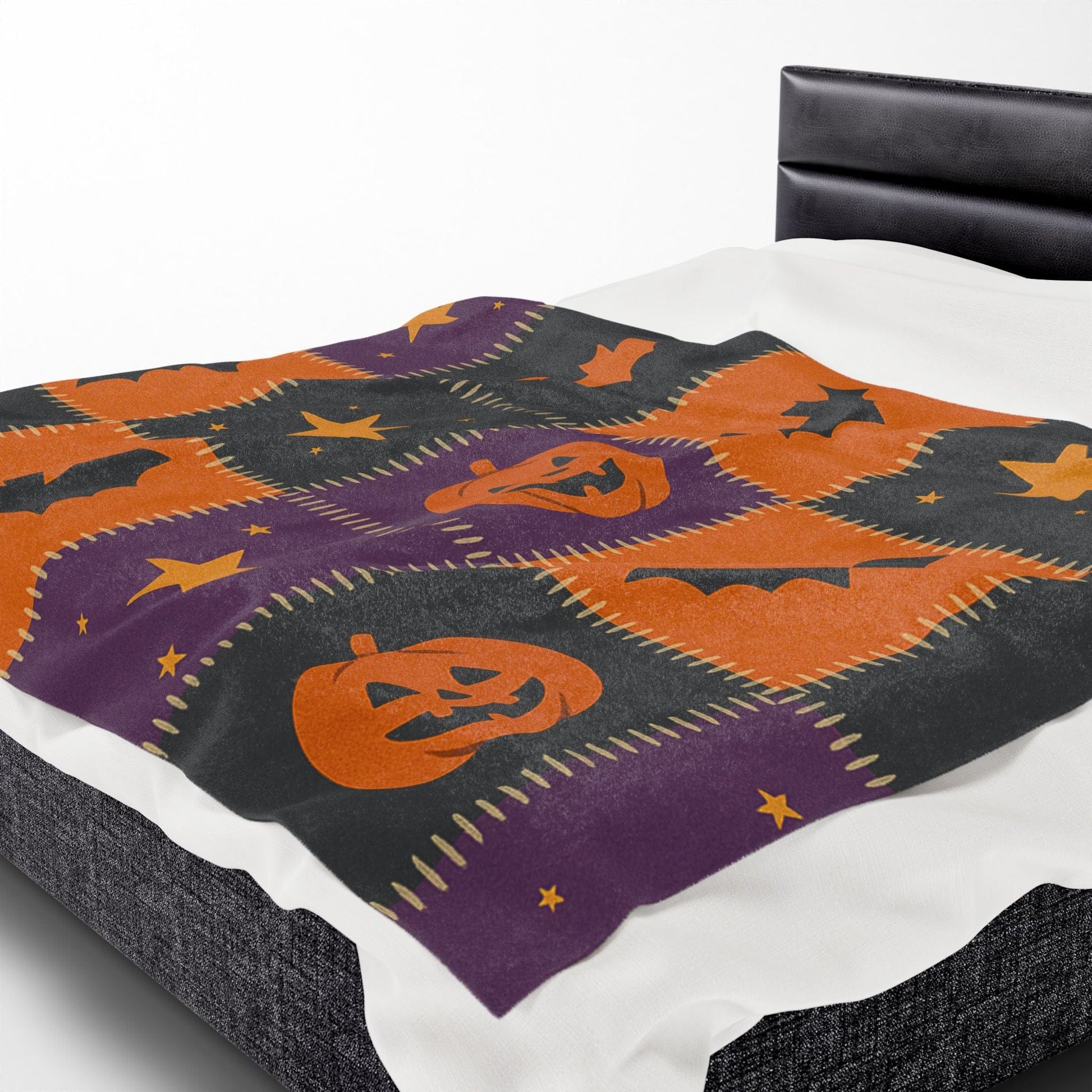 Printify All Over Prints Halloween Patchwork Velveteen Plush Blanket – Cozy Spooky Nights